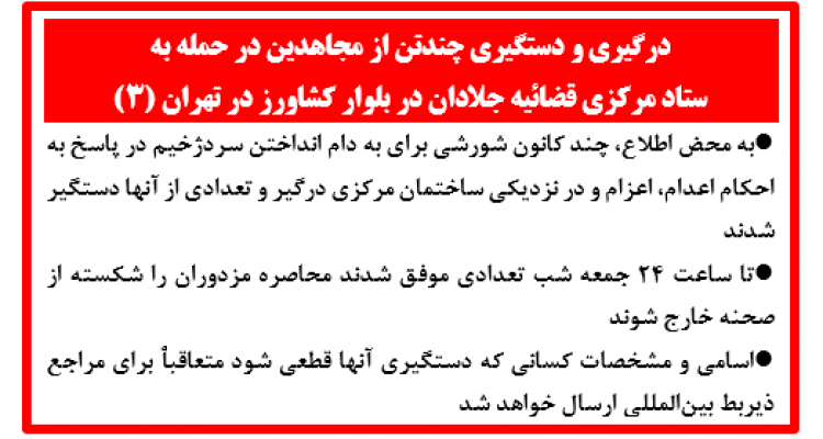   درگیری و دستگیری چندتن از مجاهدین در حمله به ستاد مرکزی قضائیه جلادان در بلوار کشاورز در تهران 